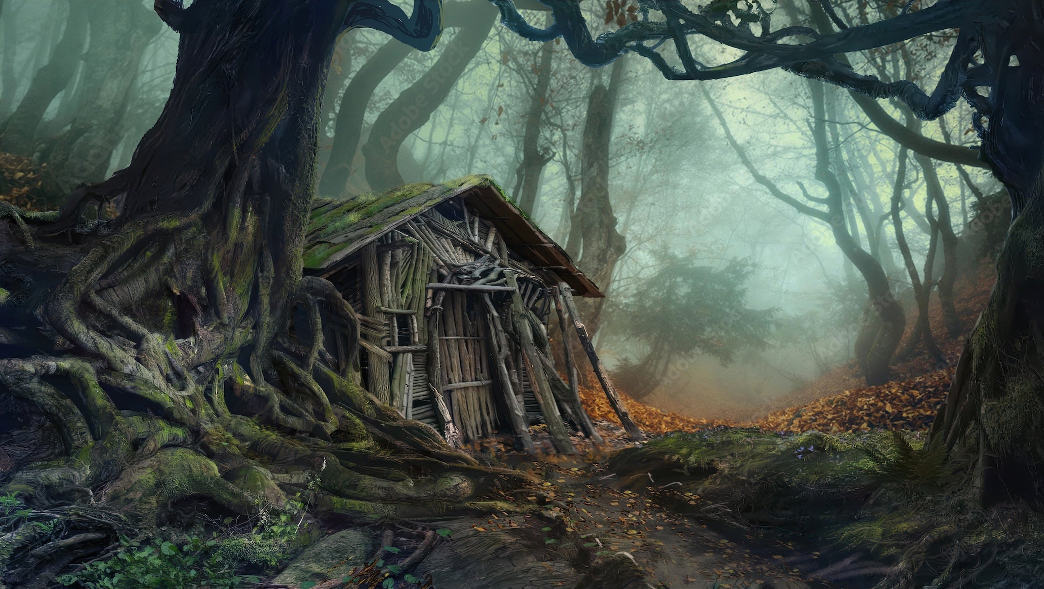 Abandoned cabin in a foggy, forested area with twisted trees and a dark atmosphere.